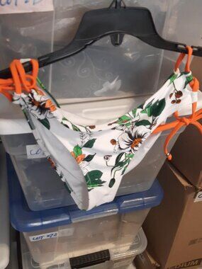 NEW ! Bikini One Pieces Bottom Side Orange Strings Green Leaves Size M